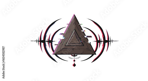 Abstract Triangular Vector Illustration with Glitch Effect and Dynamic Surrounding Lines in Dark Monochrome Style