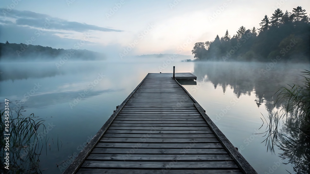 Fototapeta premium Serene Lakeside View: A Wooden Pier Leading to a Misty Lake Under a Calm, Peaceful Sky.