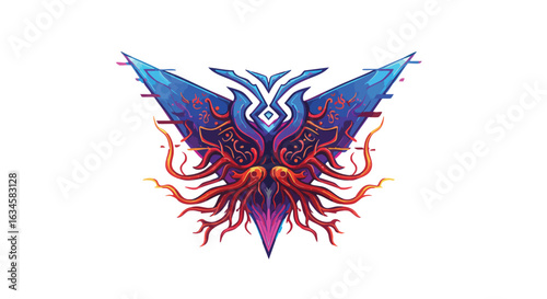 Vector Illustration of a Fantasy Butterfly with Intricate Tribal Patterns in Bright Blue Red and Orange Abstract Style