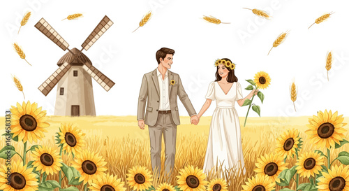 A captivating wedding scene set in a field of sunflowers with a classic windmill backdrop creating