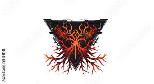 Vector Illustration of a Fiery Mythical Creature with Horns and Tentacle-Like Appendages in Dark Red and Orange Colors in Modern Symmetrical Style