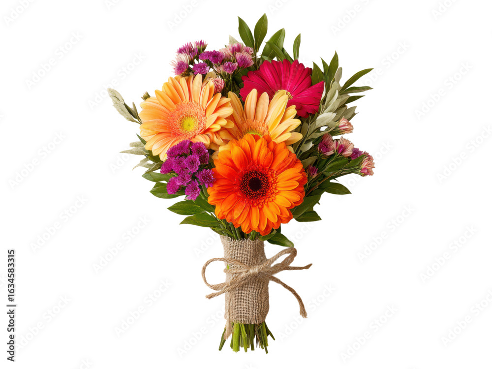 Naklejka premium Vibrant gerbera daisy bouquet with purple statice and green leaves orange yellow, Isolated, Png Transparent Background