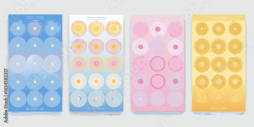 Four panels of circular designs in pastel colors
