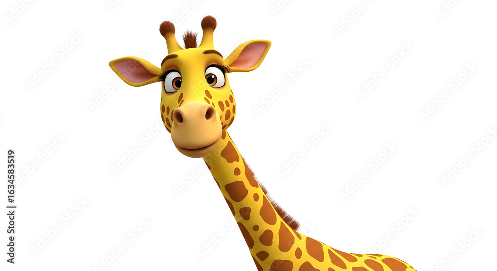 Fototapeta premium Cute Giraffe Cartoon with Spotted Yellow Fur Leaning Forward