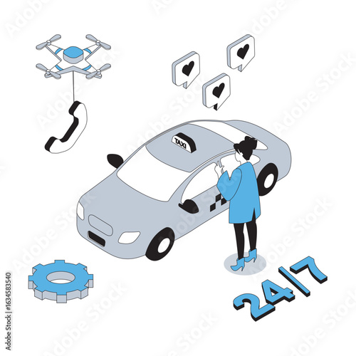 Taxi service 3d isometric concept with isometry people design for web. Woman calling and ordering car cab to city transportation, using fast automobile transfer with best drivers. Vector illustration
