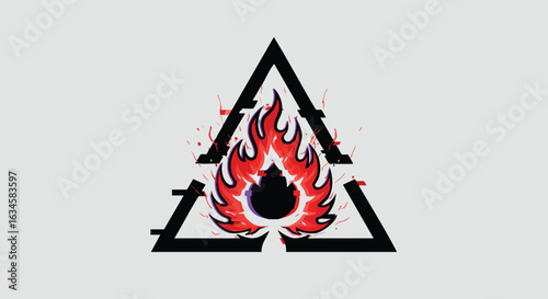 Vector Illustration of Fire Symbol within Triangle in Modern Graphic Style with Red and Black Colors