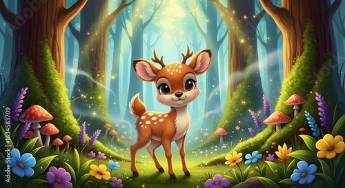 Cute Young Deer Standing in Enchanted Colorful Forest Scene