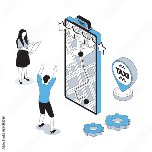 Taxi service 3d isometric concept with isometry people design for web. Man and woman ordering car cab with best rating driver from mobile app, using automobile transfer in city. Vector illustration