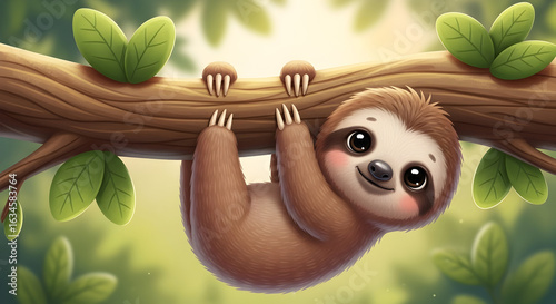 Cartoon Sloth Hanging from Brown Branch with Green Leaves and Smiling Face