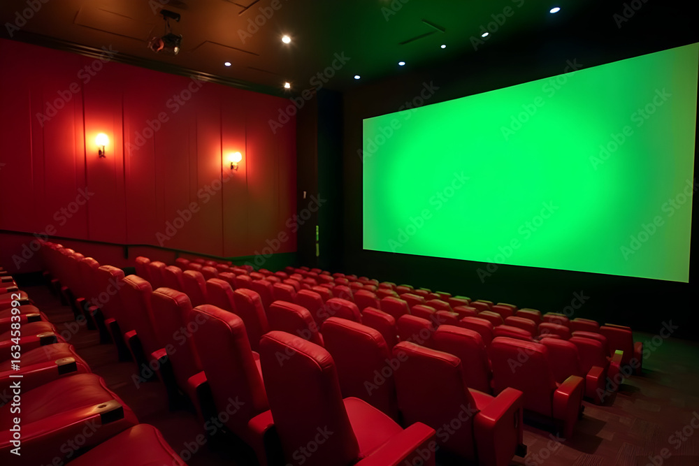 Obraz premium Empty Cinema Theater with Green Screen and Red Seats