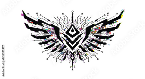 Abstract Circuit Butterfly Vector Illustration in Modern Geometric Style with Black and Multicolor Accents