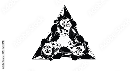 Abstract Geometric Vector Pattern with Spiral Elements and Triangular Shapes in Modern Black and White Style