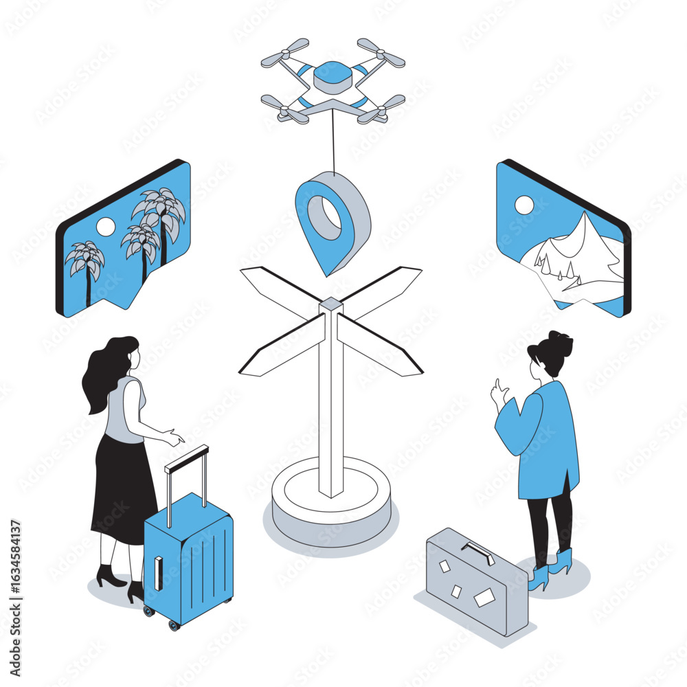 Fototapeta premium Travelling 3d isometric concept with isometry people design for web. Woman with luggages planning summer trip, choosing directions between sea beach resort and mountains hiking. Vector illustration