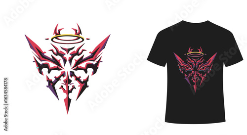 Vector Illustration of Demonic Animal Mask with Angel Halo in Modern Gothic Style in Purple Black and Gold Colors