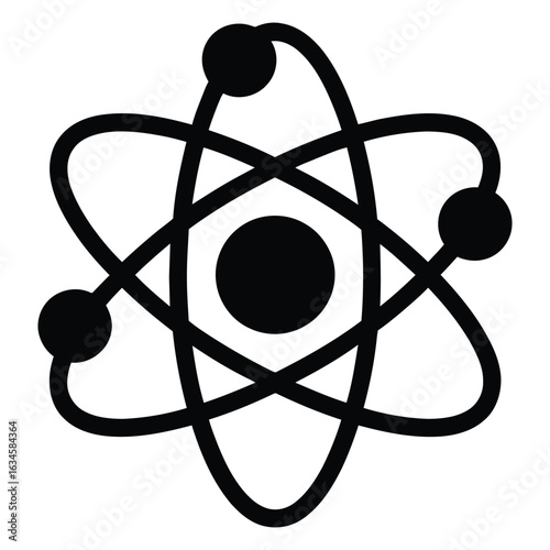 Black atom symbol with orbiting electrons on white background atomic science
