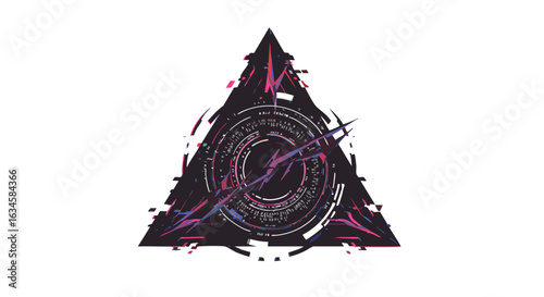 Futuristic Triangular Vector Illustration with Digital Clock and Circuit Elements in Modern Abstract Style with Neon Pink Blue and Black Colors