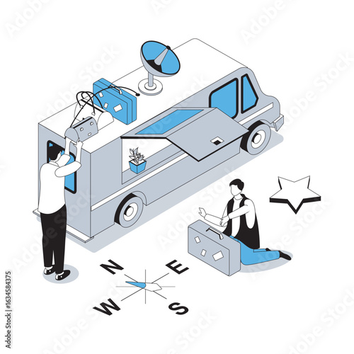 Travelling 3d isometric concept with isometry people design for web. Men going to summer vacation on camper car, tourists driving van in resort journey with baggage and compass. Vector illustration