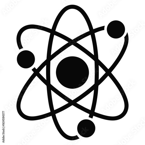 Black atom symbol with orbiting electrons on white background atomic science 1