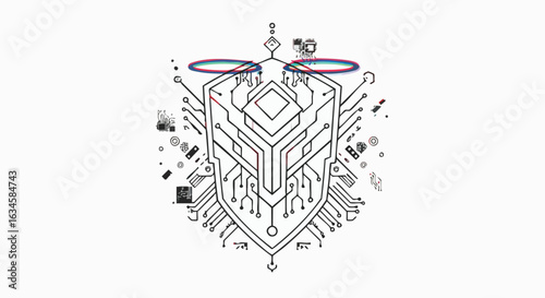 Vector Illustration of a Futuristic Cybersecurity Shield with Circuit Patterns in Modern Minimalist Style