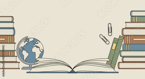 Aesthetic illustration of learning with books, globe, and paperclips for knowledge seekers