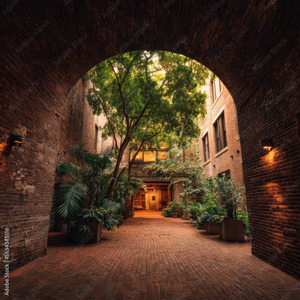Obraz premium Brick archway leading to a lush inner courtyard