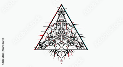Minimalist Vector Illustration of Symmetrical Floral Abstract Inside Triangle Geometric Style with Black White Red Colors for Modern Artistic Design