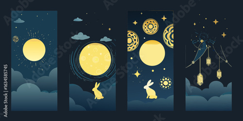 Celestial night scenes with moon and rabbits