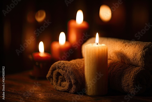 Warm spa scene with candles and towels