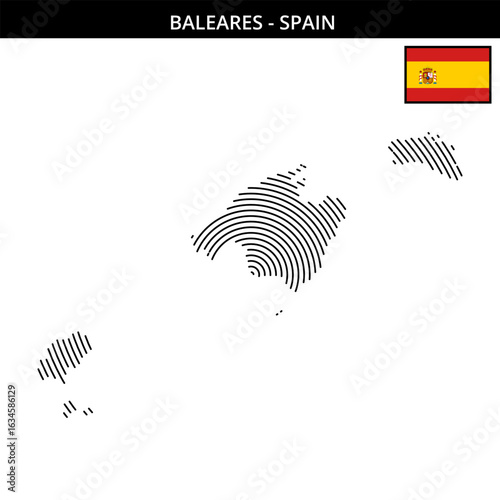 Geographical map outline of Balearic Islands with flag of Spain