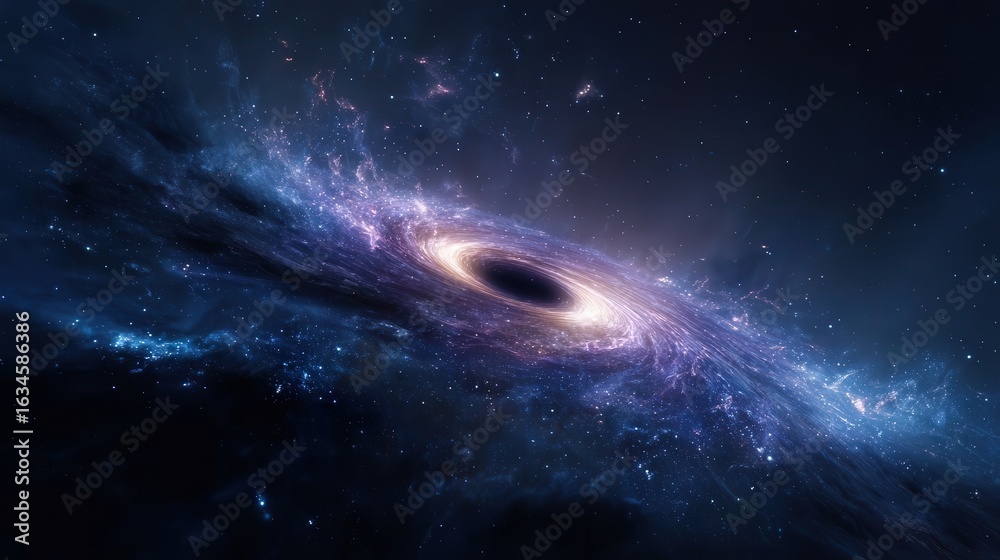 Fototapeta premium A cosmic scene featuring a black hole at the center surrounded by stars and distant galaxies, illustrating the mysterious and powerful nature of black holes in space.