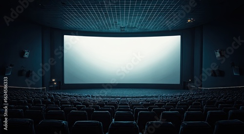 Empty, dark movie theater with a large, bright, curved screen awaiting a film