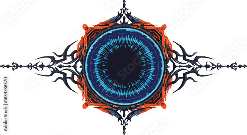 Futuristic Vector Illustration of Circular Eye with Ornate Geometric Frame in Blue and Orange in Modern Abstract Style