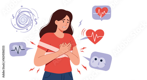 Vector Illustration of Heart Attack Awareness with Female Character and Health Icons in Modern Flat Style