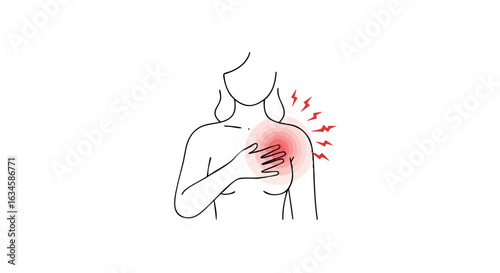 Minimalist Vector Illustration of Woman with Heart Pain in Red and Black Colors in Contemporary Style