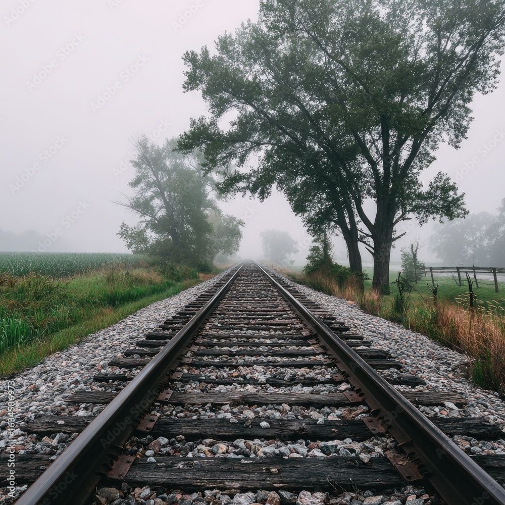 Obraz premium Foggy railway track disappearing into the distance, framed by trees and fields