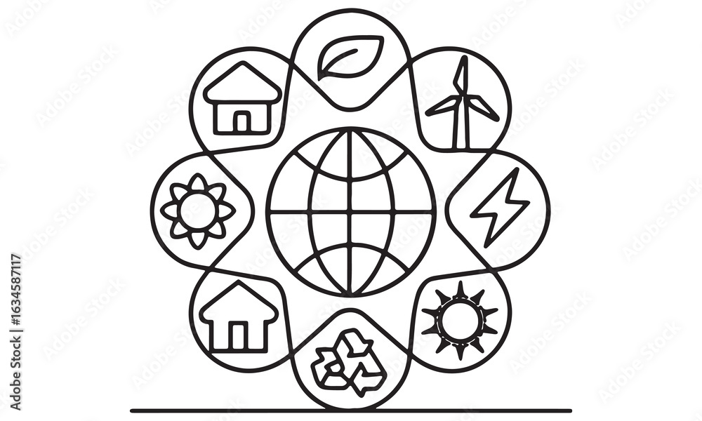 Obraz premium Global Eco Energy Icons Sustainability, Solar, Wind, Recycle, and Green Home Vector Set