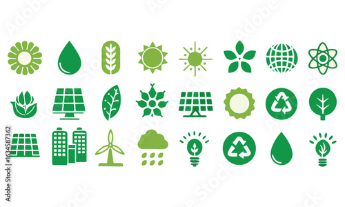 Eco and Green Energy Icons Solar, Leaf, Recycle, Nature, and Sustainability Vector Set