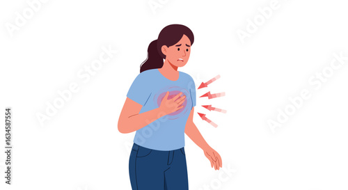 Vector Illustration of Woman with Chest Pain and Radiating Arrows in Modern Flat Style