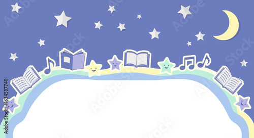 Cartoon Night Sky Backdrop with Stars, Moon, Books, and Musical Notes for Children