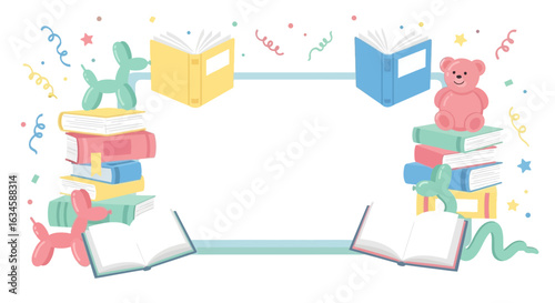 Charming illustration of books with balloons and a teddy bear creating a whimsical frame for