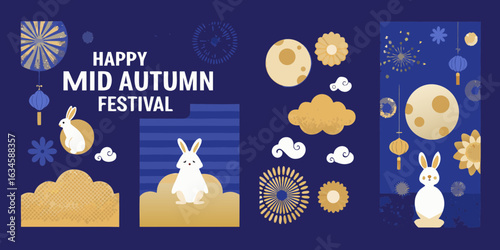 Happy mid autumn festival with moon and rabbits