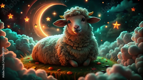 Cute Fluffy Sheep on Cloud under Night Sky with Stars and Moon 