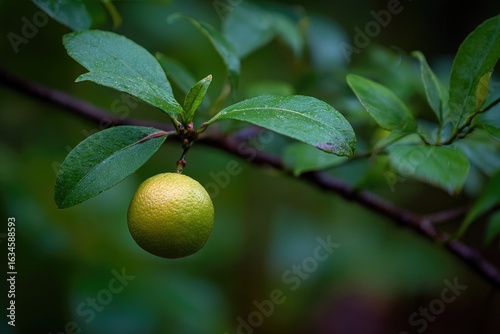 Wallpaper Mural Close-up of a single, lime-green citrus fruit hanging from a branch with lush, dark-green leaves Torontodigital.ca