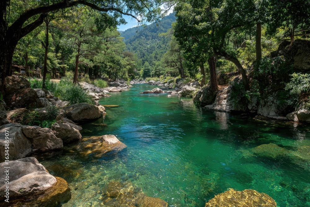Naklejka premium Crystal-clear river flowing through lush forest