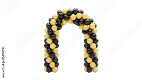 Archway made of black and gold balloons on white background