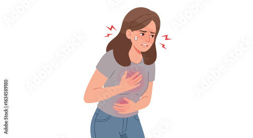 Vector Illustration of a Woman with Heart Pain in Modern Flat Style Featuring Emotional Expression in Soft Pastel Colors