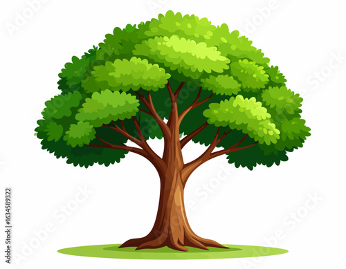 Vibrant cartoon illustration of a large, mighty oak tree with a full leafy canopy. Concept growth, nature, and life