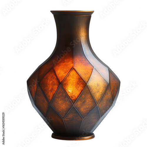 Elegant art nouveau ceramic vase with intricate geometric pattern and warm earth tones isolated on transparent background