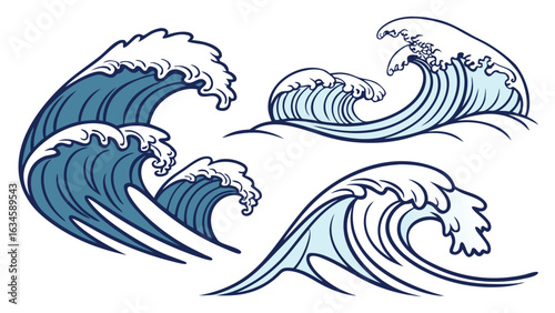 Set of blue sea waves isolated on white background in vintage style