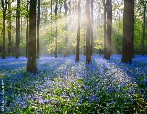 ethereal forest filled with sky blue virginia bluebells in bloom